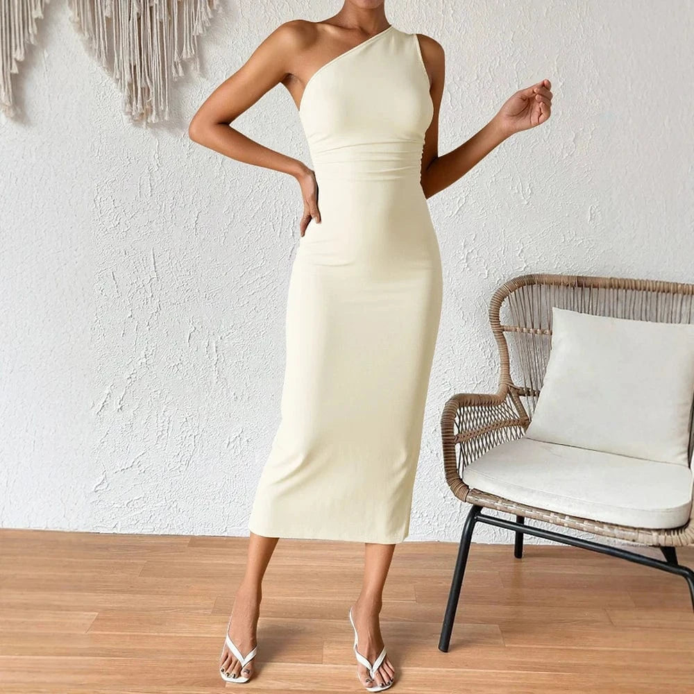 Robe de soirée écru moulante à une épaule