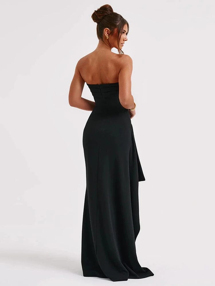 Robe de soirée fendue noire longue sans manches, parfaite pour un cocktail, gala ou mariage, élégante et sexy.