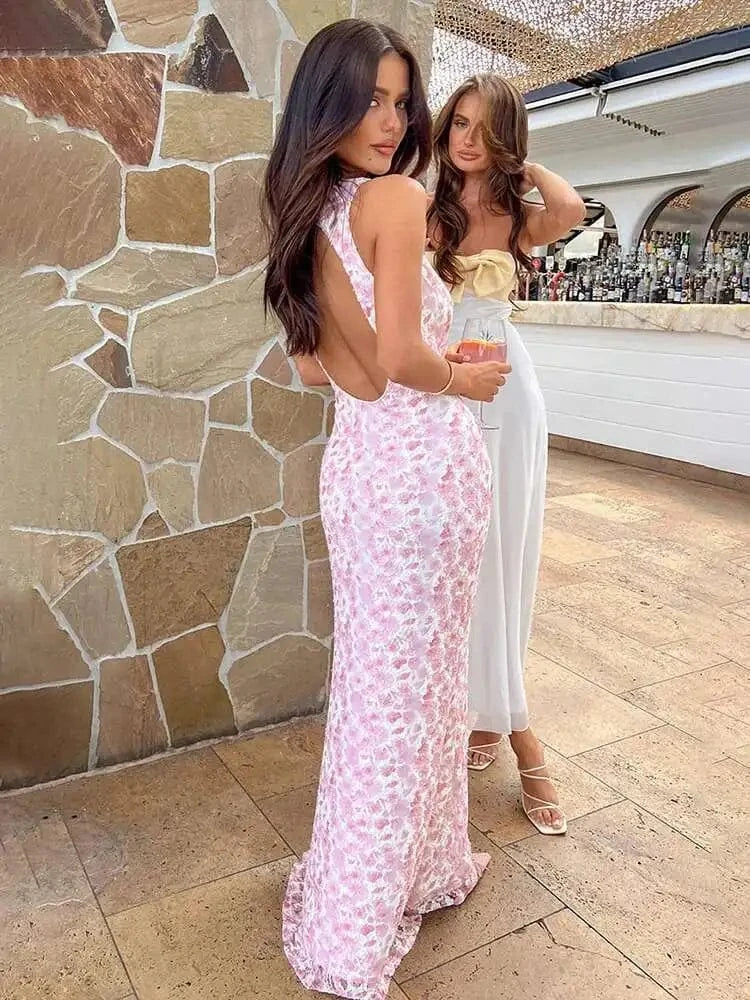 Robe de soirée fleurie longue dos nu