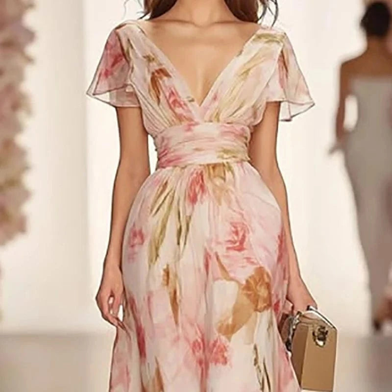 Robe de soirée fleurie longue fluide