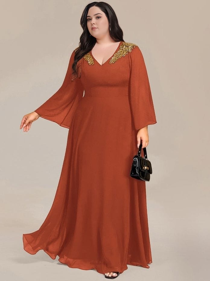 Robe de soirée grande taille couleur terracotta