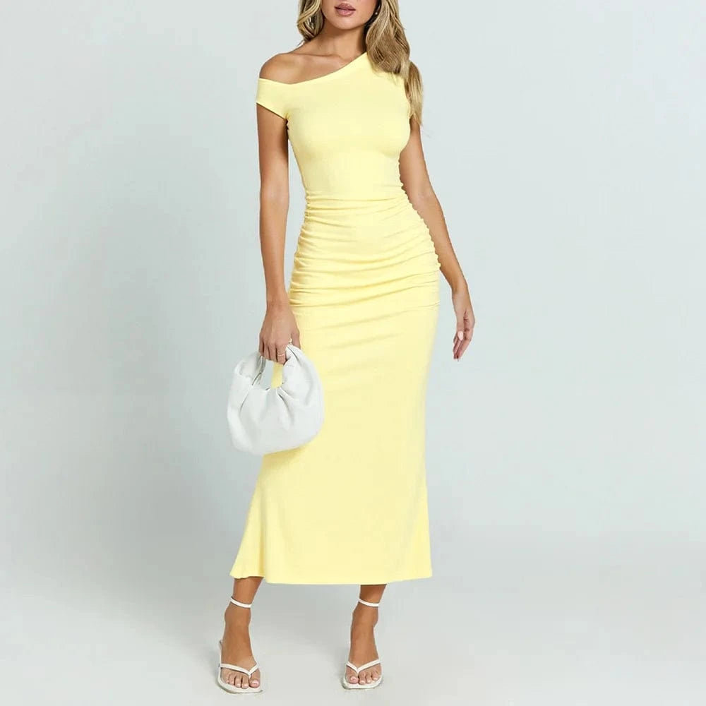 Robe de soirée jaune midi moulante