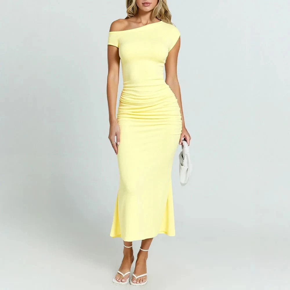 Robe de soirée jaune midi moulante