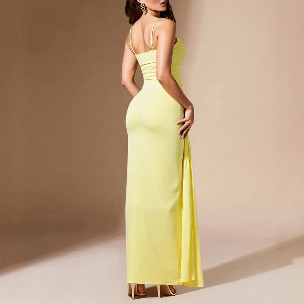 robe de soirée jaune moulante drapée chic longue fendue décolleté manches courtes élégante femme