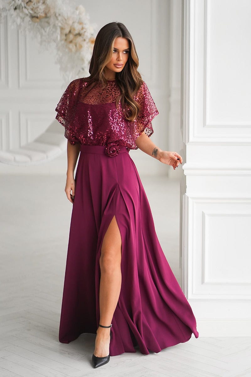 Robe de soirée longue bordeaux avec boléro à sequins