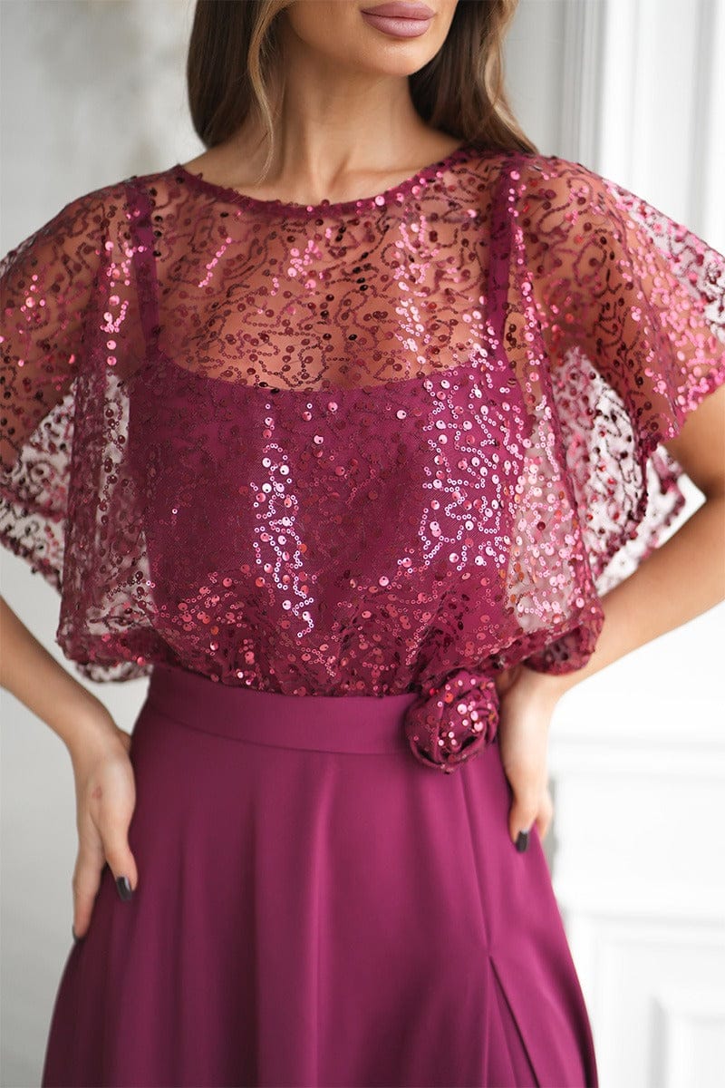 Robe de soirée longue bordeaux avec boléro à sequins
