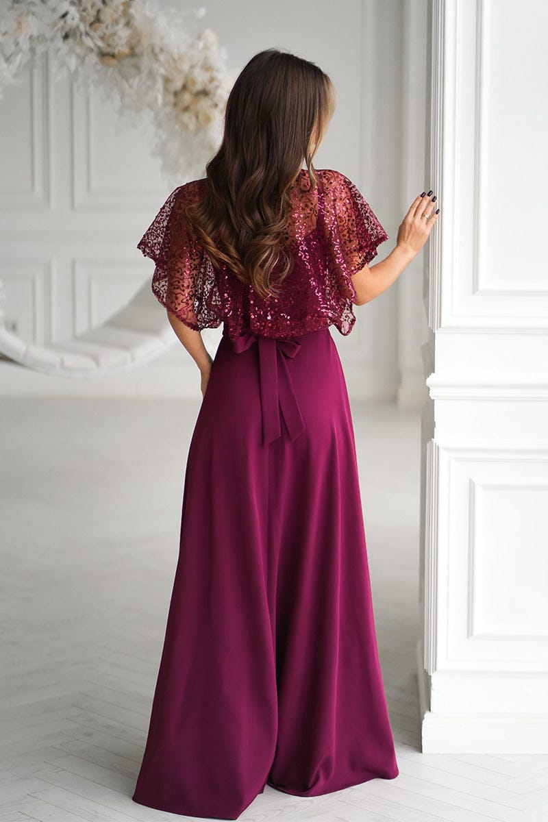 Robe de soirée longue bordeaux avec boléro à sequins