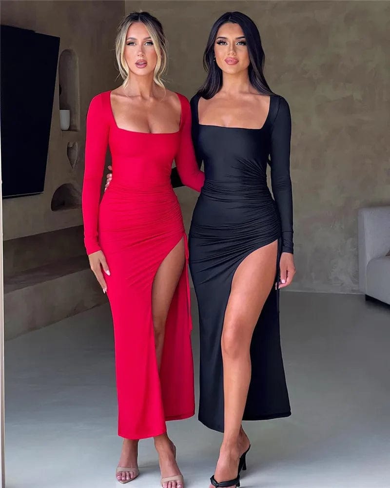 Robe de soirée longue fendue rouge et noire, manches longues, pour gala ou nouvel an, style chic et élégant.