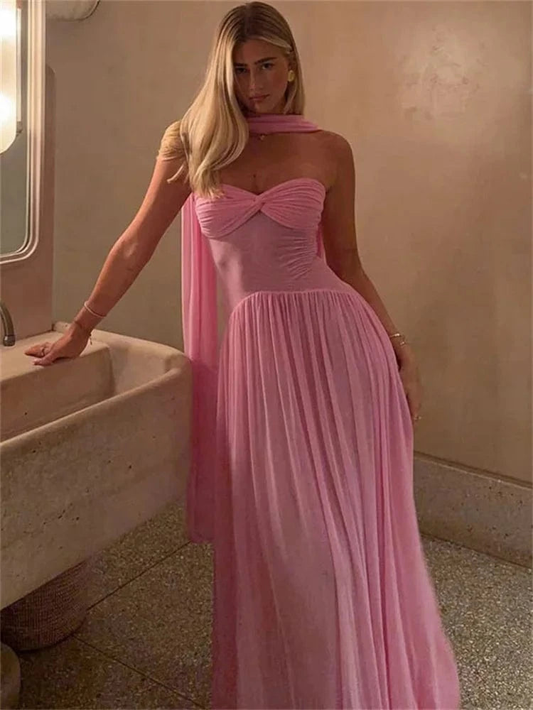 Robe de soirée longue fluide rose