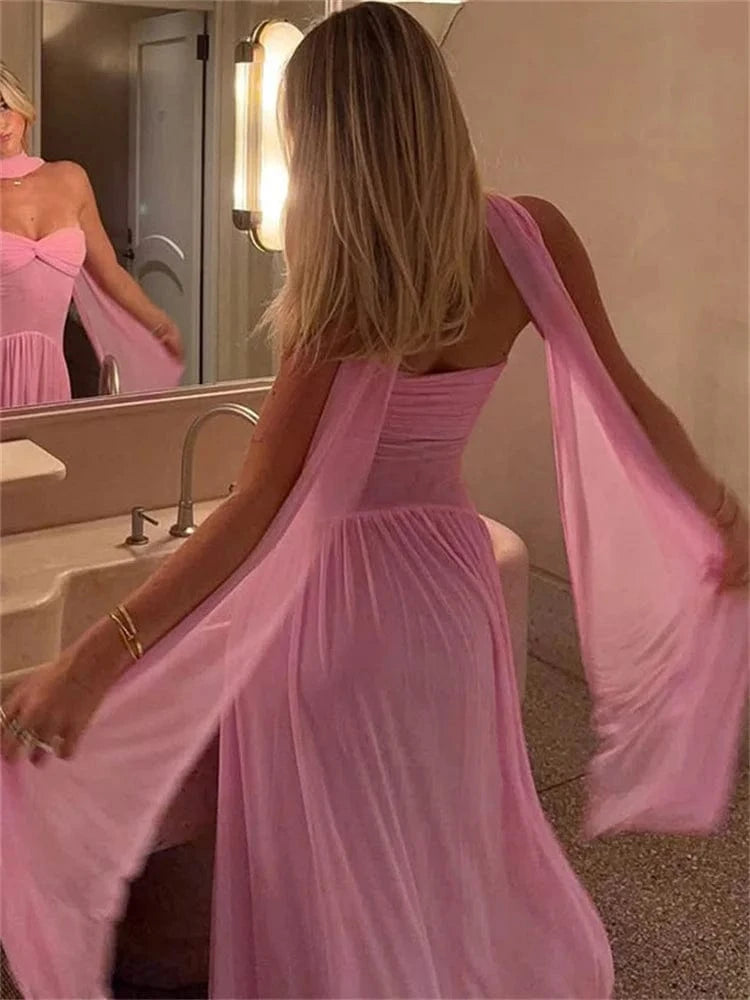 Robe de soirée longue fluide rose