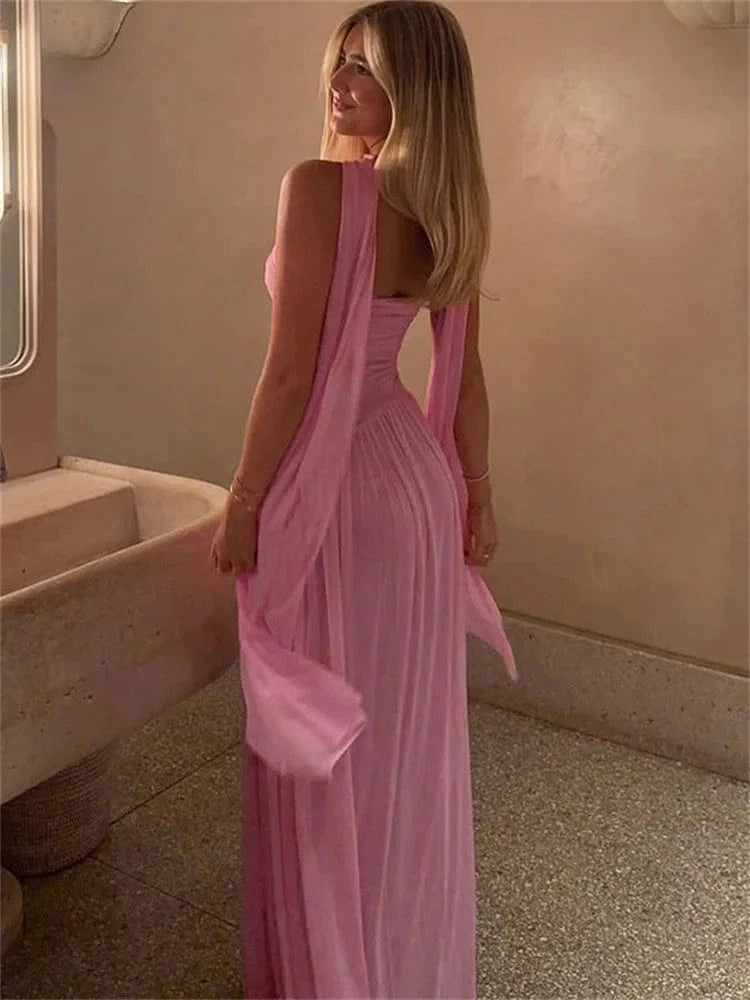 Robe de soirée longue fluide rose