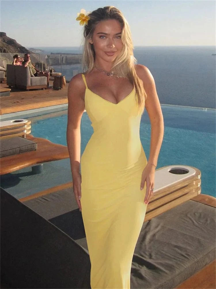 Robe de soirée longue jaune à bretelles