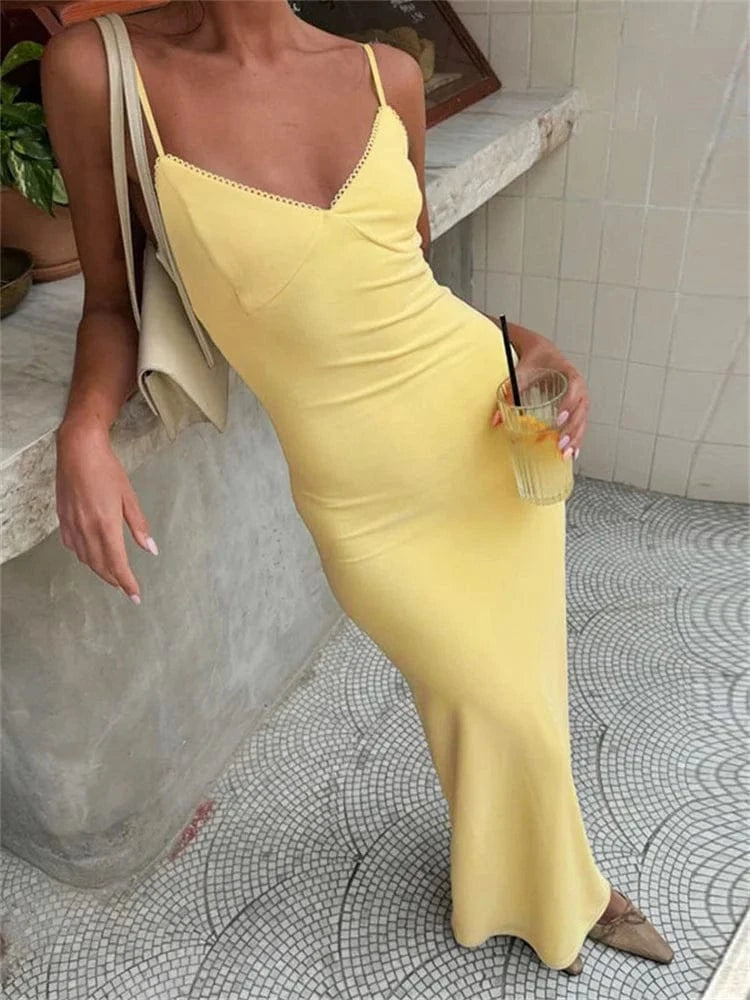 Robe de soirée longue jaune à bretelles