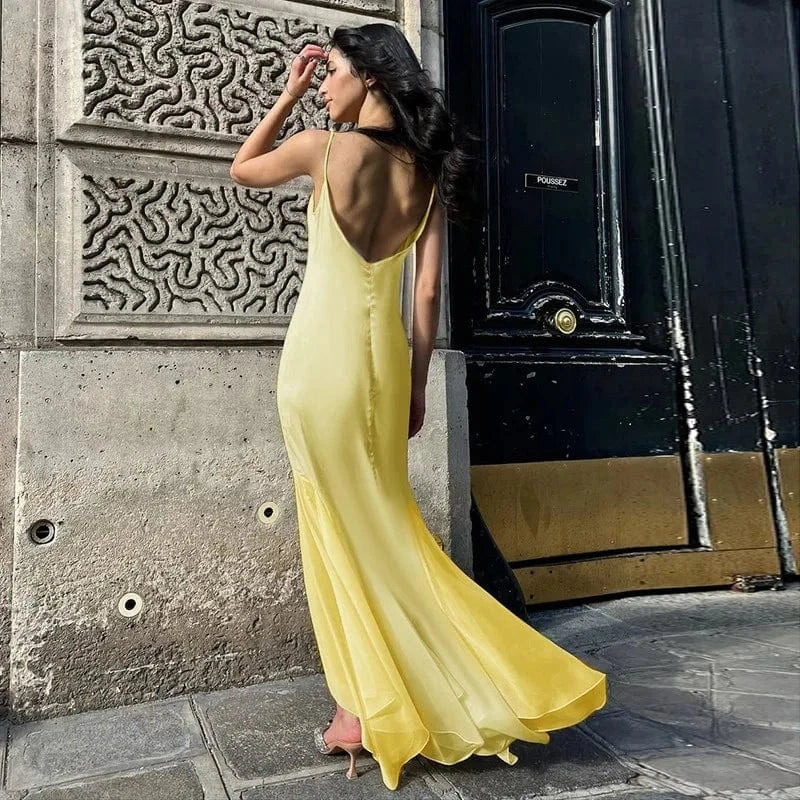 Robe de soirée longue jaune dos nu