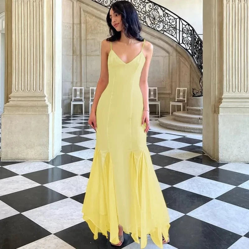 Robe de soirée longue jaune dos nu