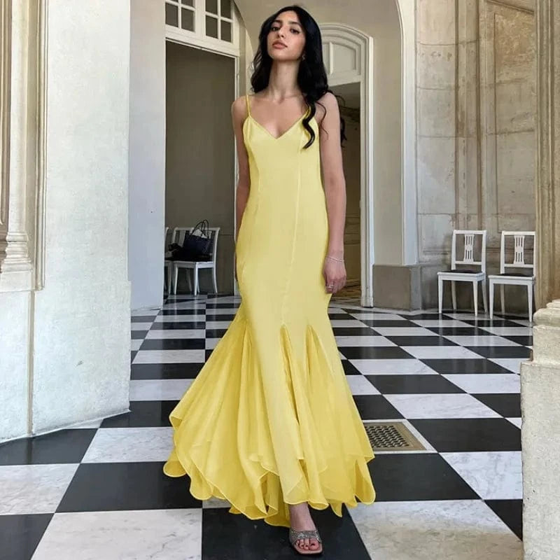 Robe de soirée longue jaune dos nu