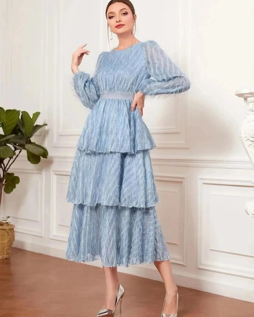 Robe de soirée manches longues col rond