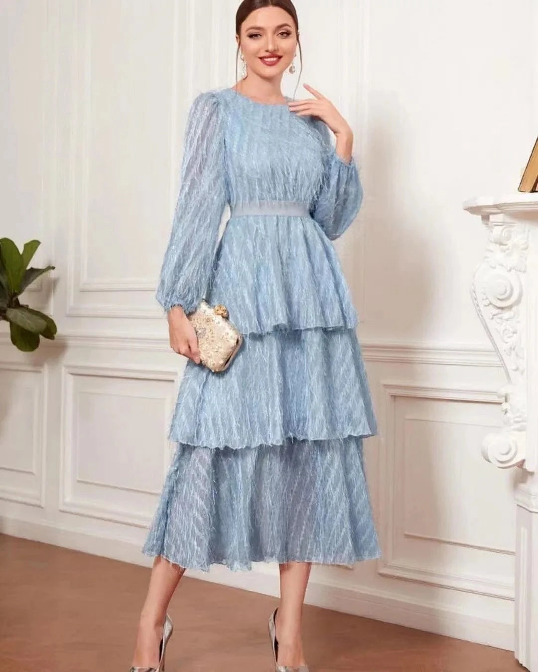 Robe de soirée manches longues col rond