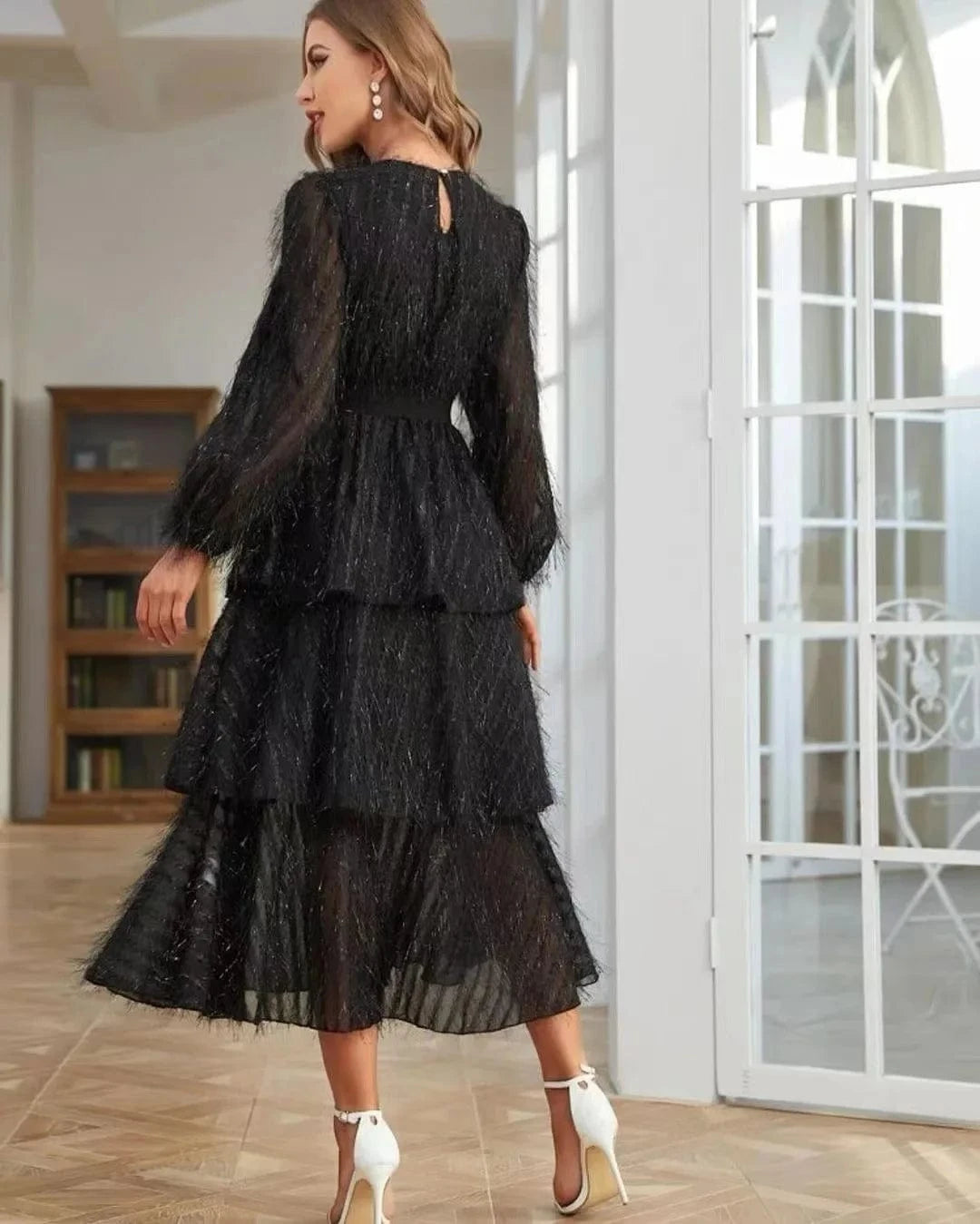 Robe de soirée manches longues col rond