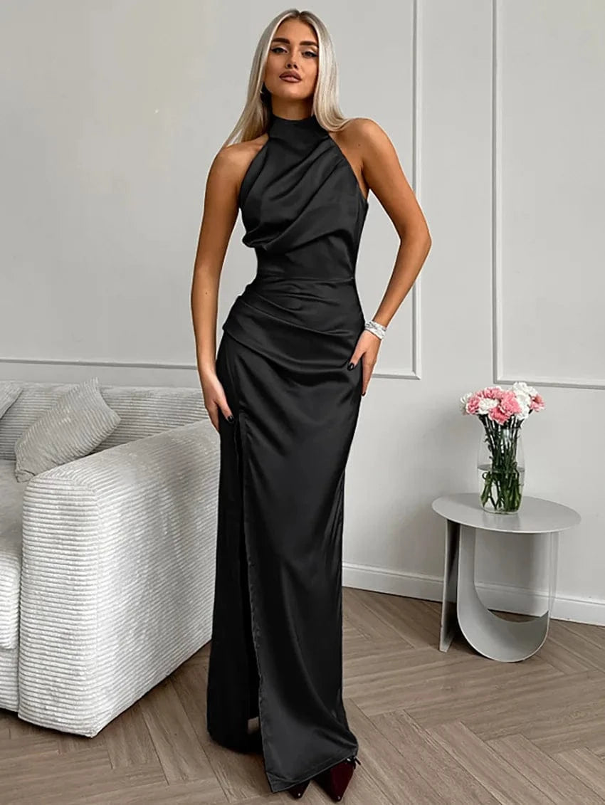 robe de soirée mariage longue trapèze col halter chic sans manches bordeaux élégante femme invitée