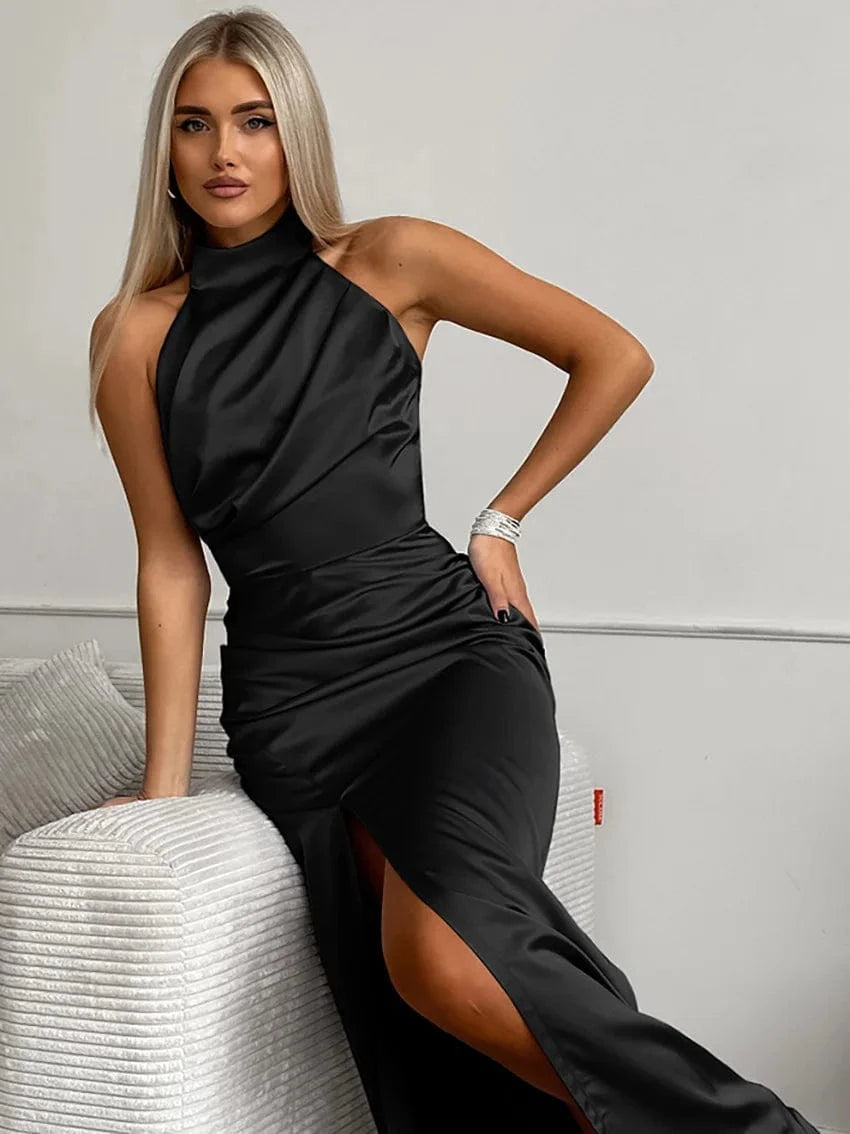 robe de soirée mariage chic longue col halter bleue sans manches silhouette trapèze elegante