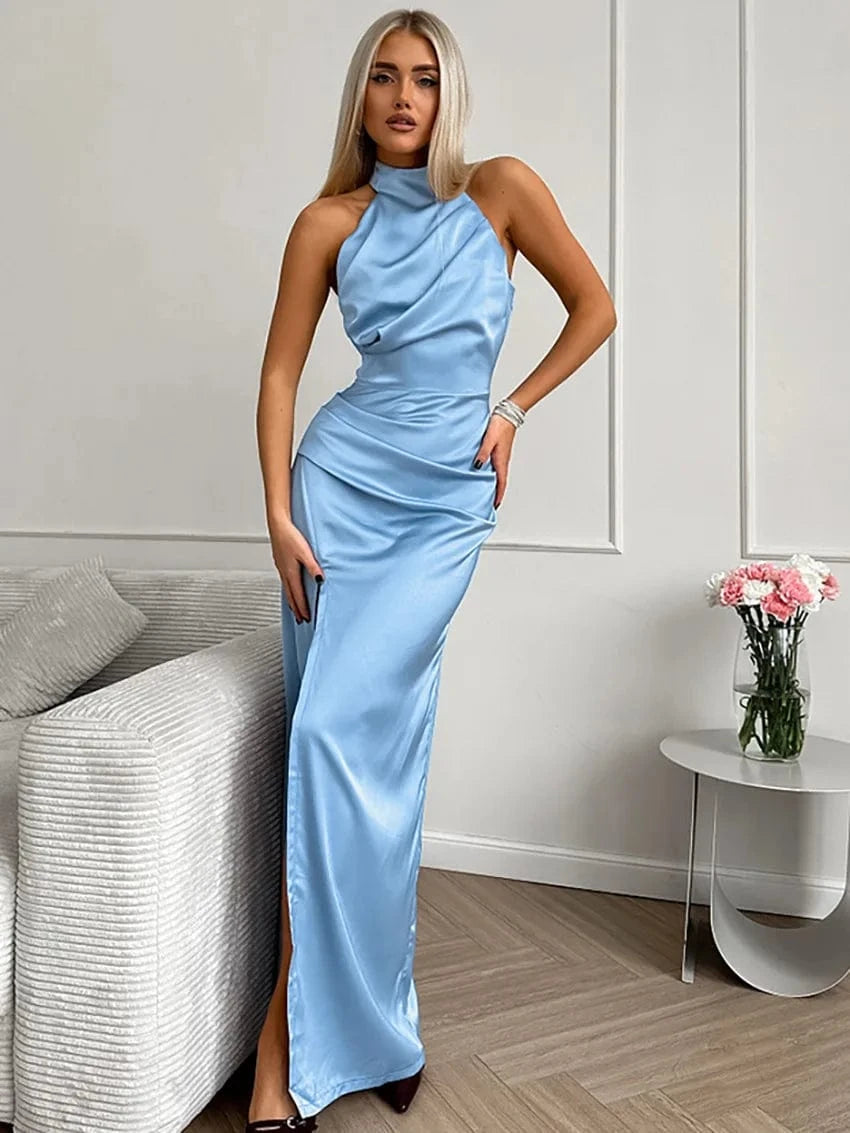 robe de soirée mariage longue verte chic col halter sans manches moulante pour invitée élégante