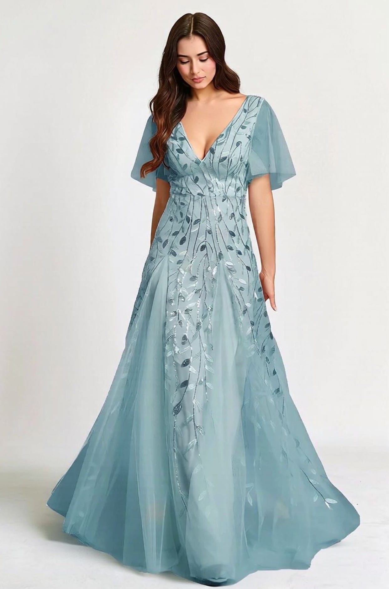 Robe de soirée mariage bleue manches courtes