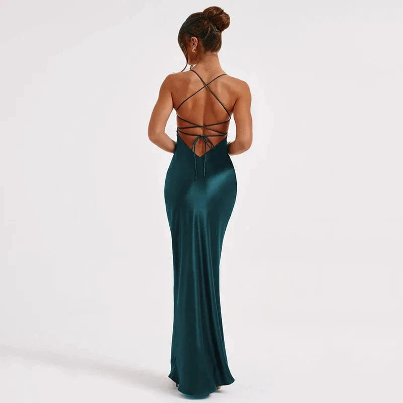 robe satin longue dos nu pour soirée mariage chic, coupe fluide et élégante, style invitée raffinée