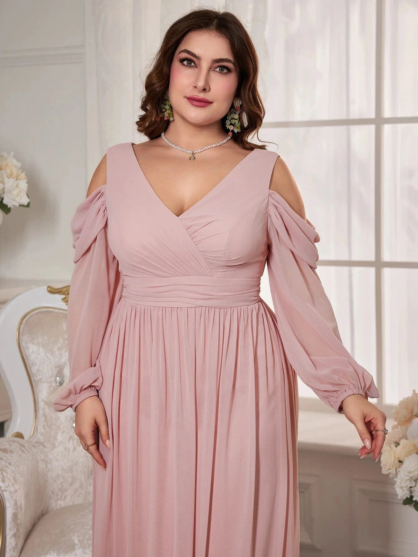 robe de soirée mariage grande taille rose poudré longue trapèze manches courtes élégante et chic