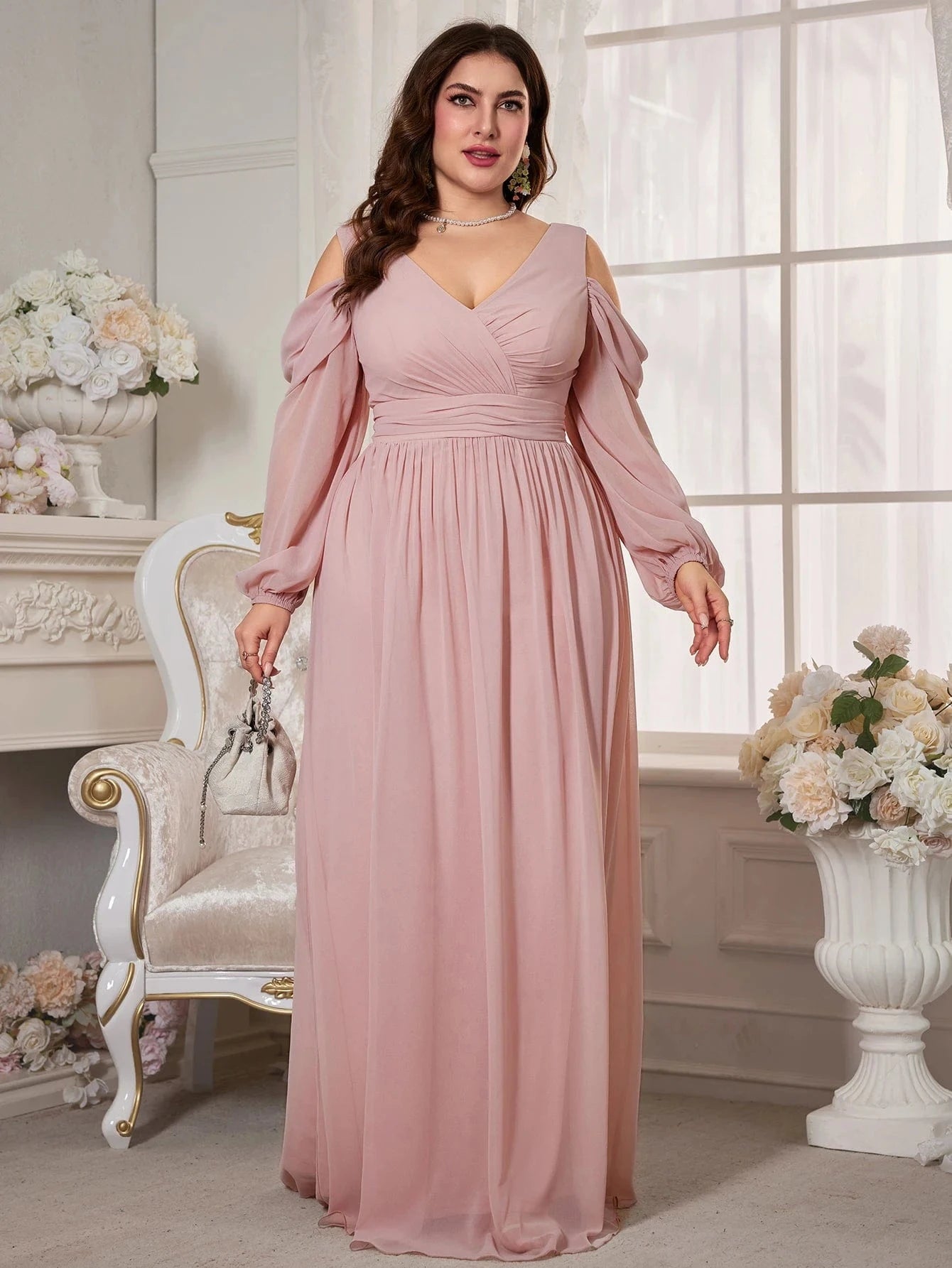 robe de soirée mariage grande taille rose poudré chic longue trapèze manches courtes élégante