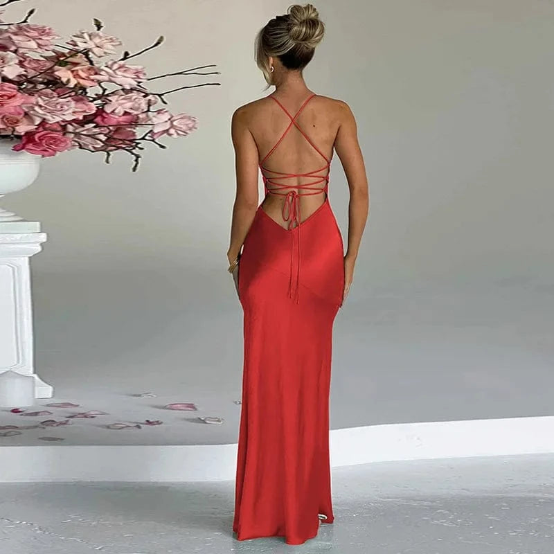 robe soirée mariage sexy dos nu longue moulante en satin doré pour invitée élégante et chic