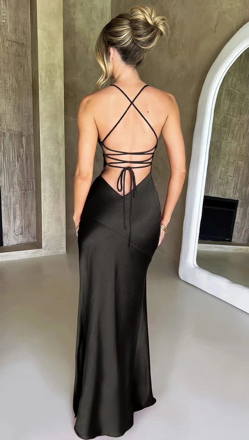 robe soirée mariage sexy dos nu en satin longue moulante sans manches couleur champagne