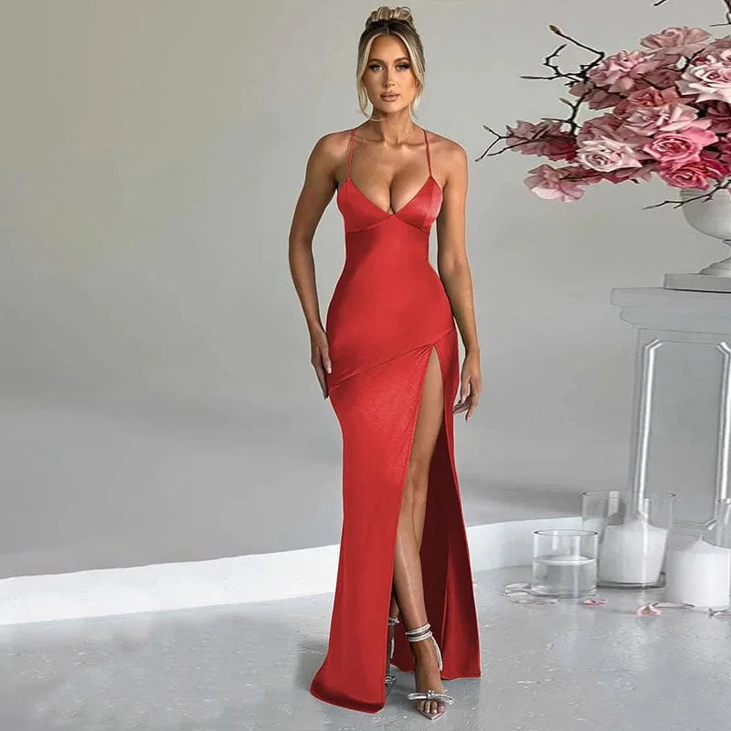 robe soirée mariage sexy dos nu en satin fluide longue fendue chic élégante pour invitée