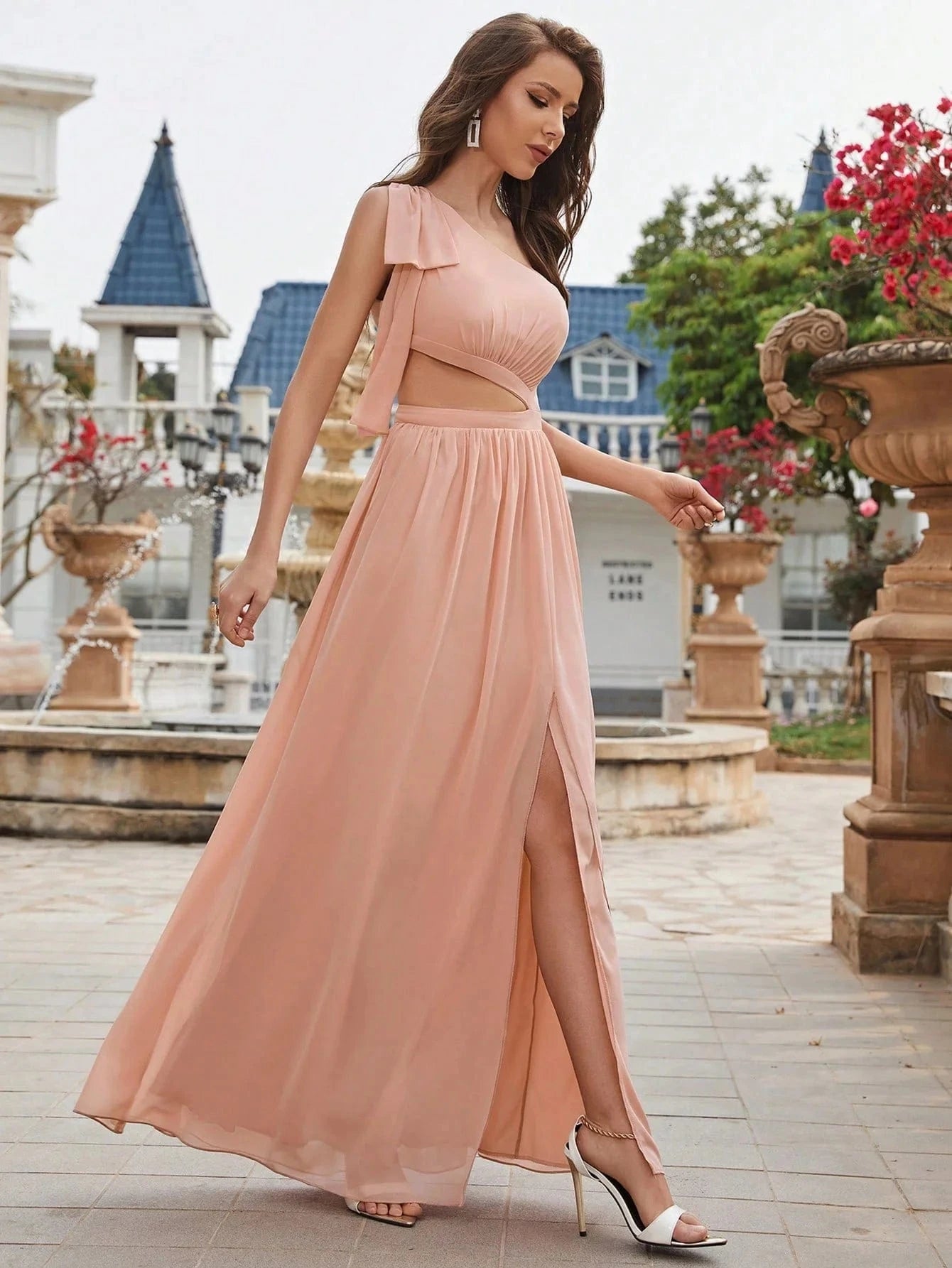 robe soirée mariage sexy rose poudré longue moulante sans manches pour invitée élégante et glamour