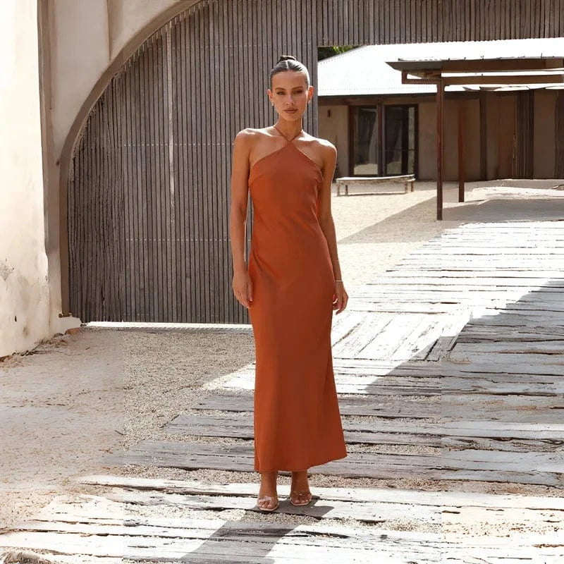 robe de soirée mariage longue terracotta chic fluide pour invitée élégante manches longues