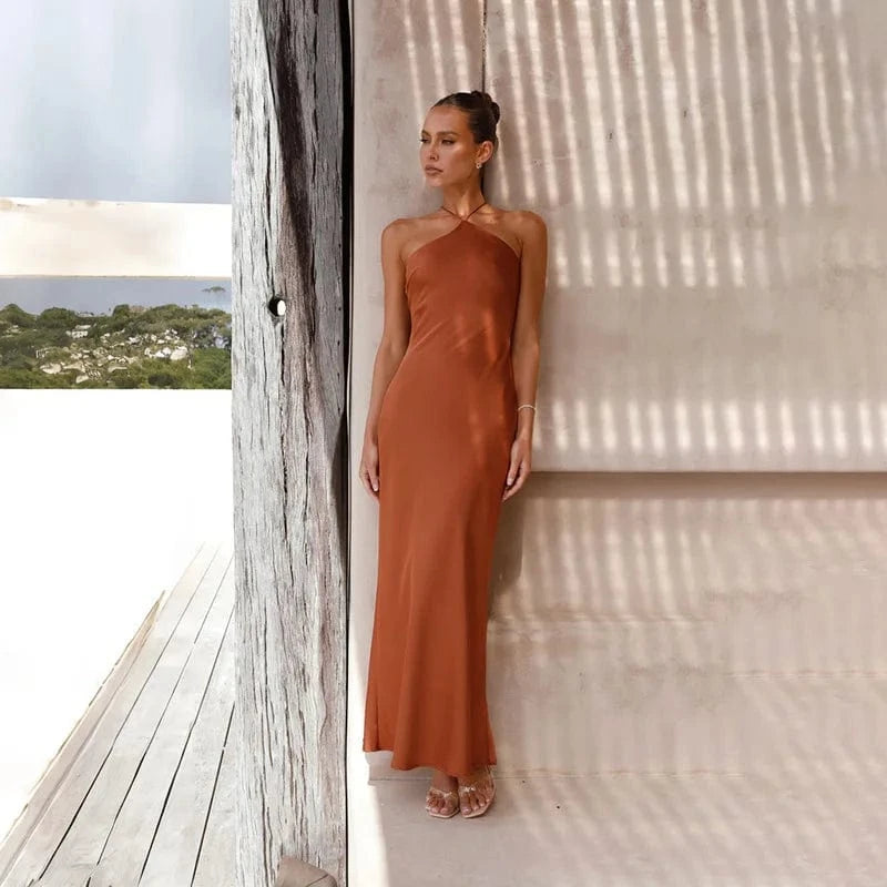 robe de soirée mariage longue terracotta chic dos nu fluide femme manches longues invitée élégante