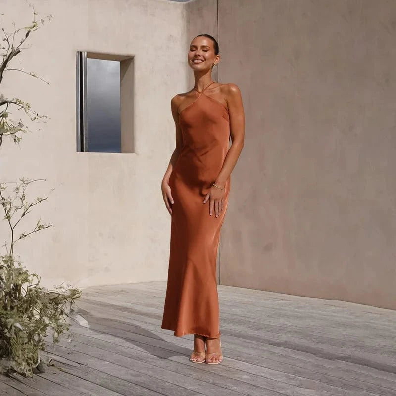 robe de soirée mariage longue terracotta trapèze manches longues élégante pour invitée chic
