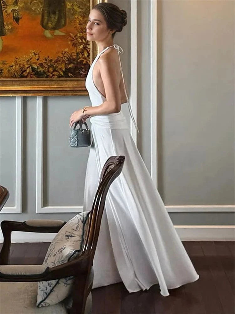 Robe de soirée maxi blanche fluide dos nu