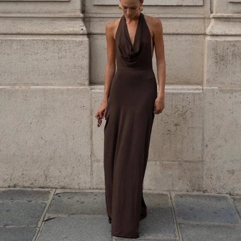 Robe de soirée maxi marron dos nu