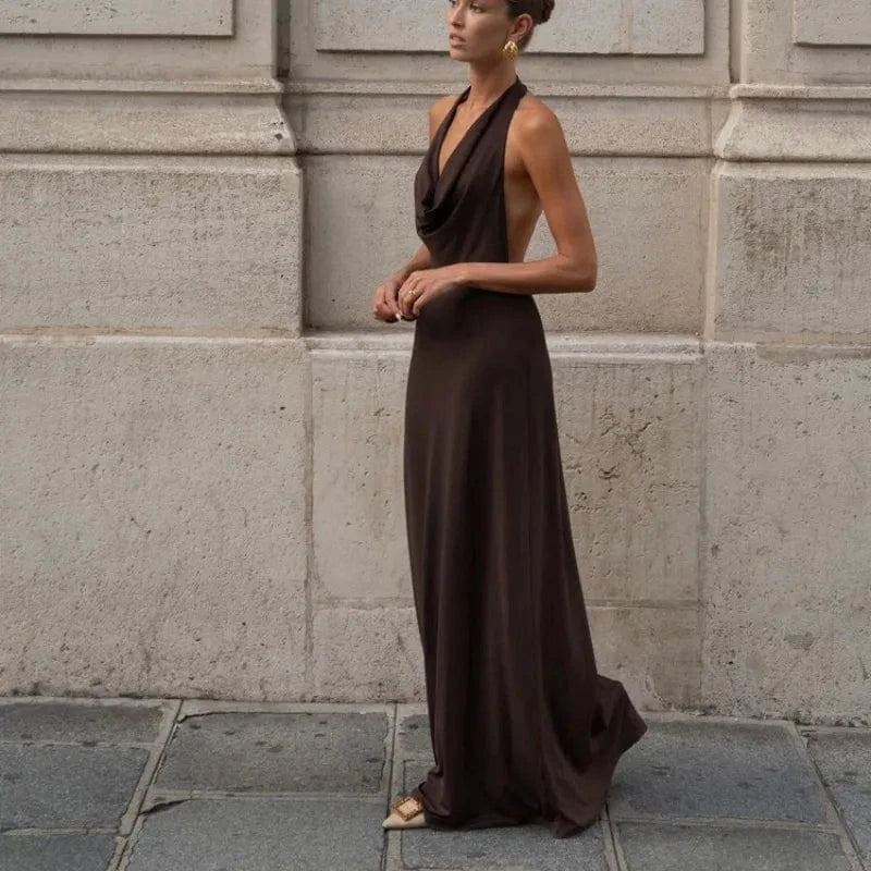 Robe de soirée maxi marron dos nu