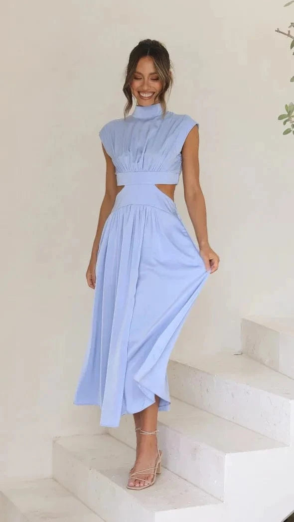 robe de soirée chic midi fluide col halter élégante pour mariage invité couleur unie sans manches