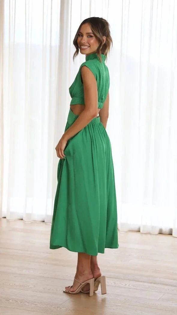 robe de soirée chic fluide midi col halter sans manches élégante pour mariage invité été