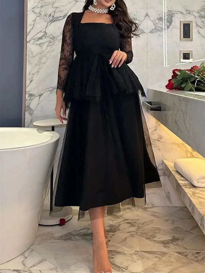 Robe de soirée noire chic midi manches en dentelle