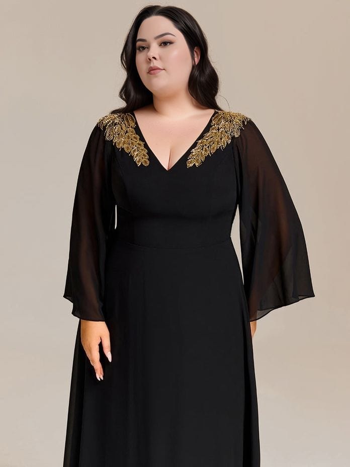 Robe de soirée noire grande taille manches longues évasées