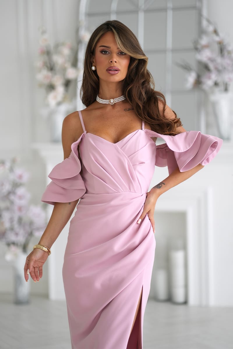 Robe de soirée rose longue fendue