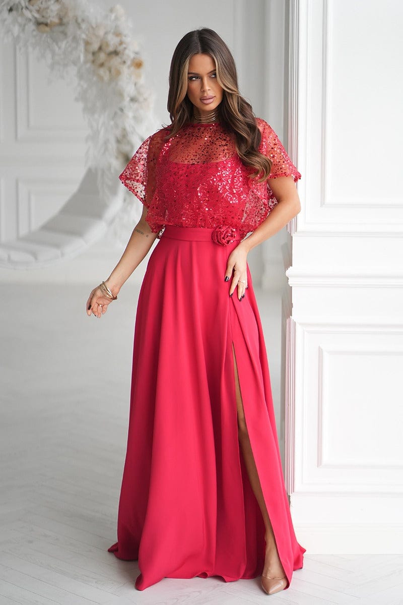 Robe de soirée rouge chic avec boléro à sequins