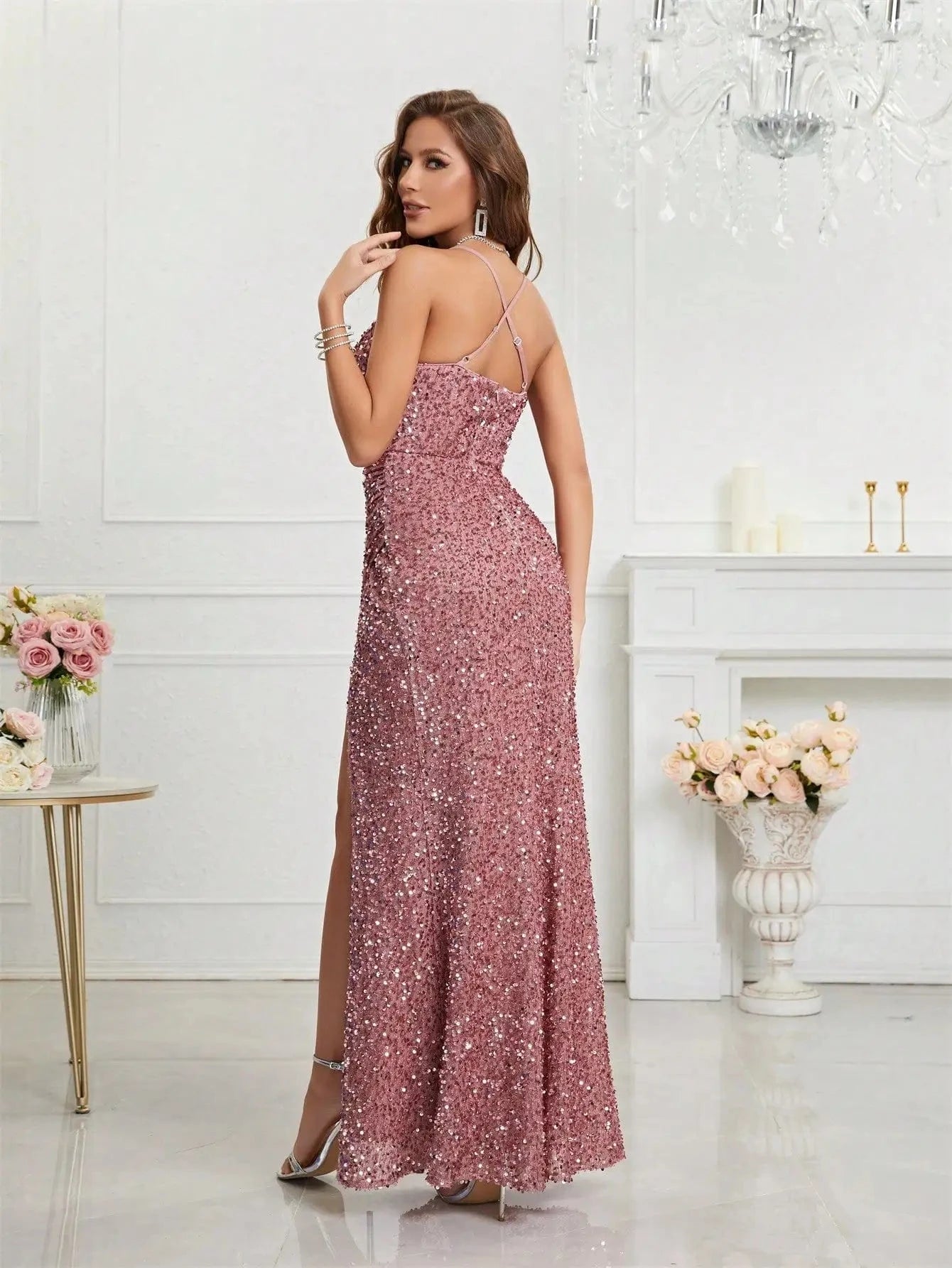 robe de soirée sexy moulante à sequins pour nouvel an chic, coupe longue sans manches scintillante