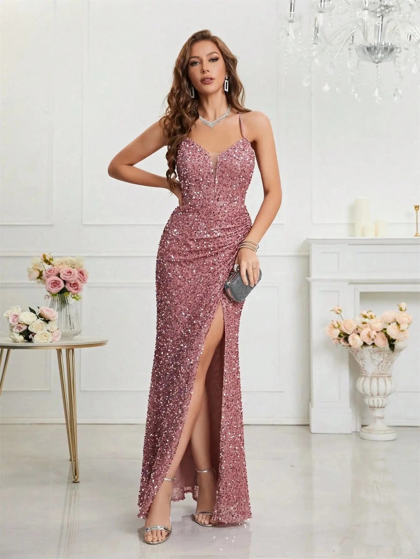 robe soirée sexy moulante sequin longue dos nu sans manches fendue chic pour nouvel an ou cocktail