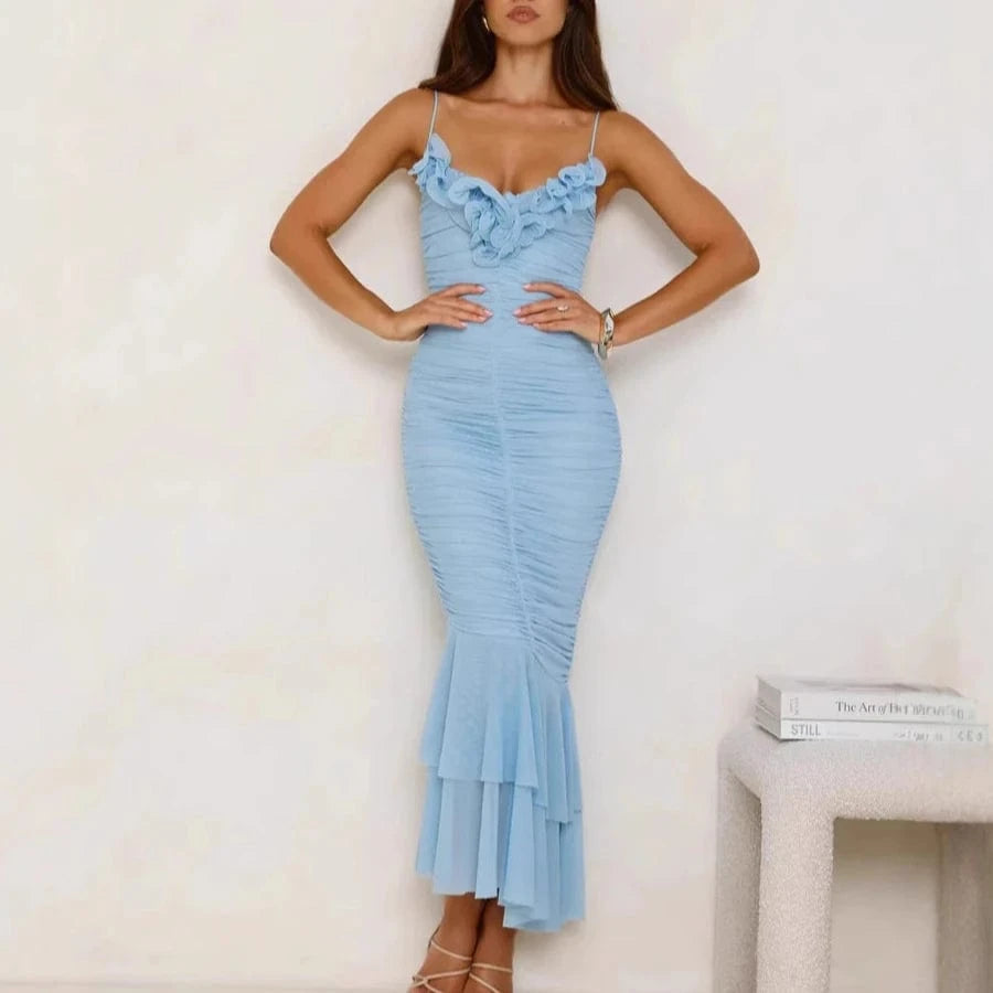 robe de soirée sirène bleue drapée longue moulante chic décolleté fendue manches longues élégante