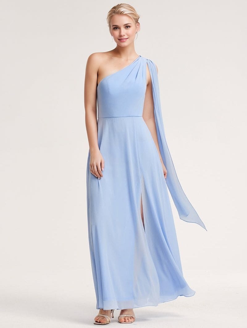 Robe Cocktail Bleue Echoo – Mousseline Plissée épaule Dénudée – Taille Moyenne